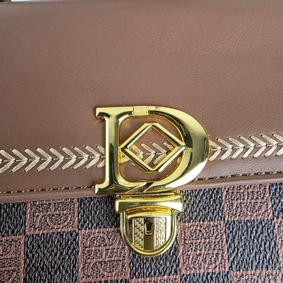 Checkered Top Handle Satchel Handbag Small Crossbody Brown Tan Vegan Leather Pur - Picture 8 of 11